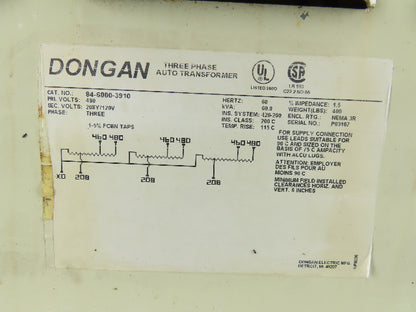 Dongan 84-6000-3910 60.0 KVA 3-Phase Auto Transformer 480HV 208Y/120LV