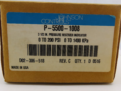 Johnson Controls P-5500-1008 31/2 IN. Pressure Receiver Indicator 0-200 PSI