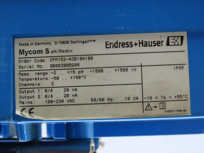 Endress & Hauser CPM153-A3B10A100 Mycom S CPM 153 pH & Redox Transmitter