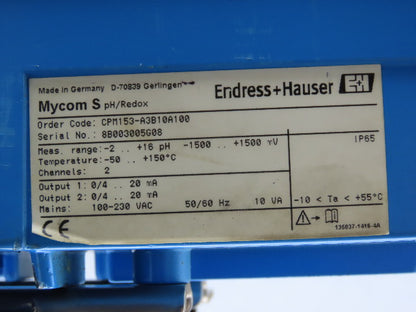 Endress & Hauser CPM153-A3B10A100 Mycom S CPM 153 pH & Redox Transmitter