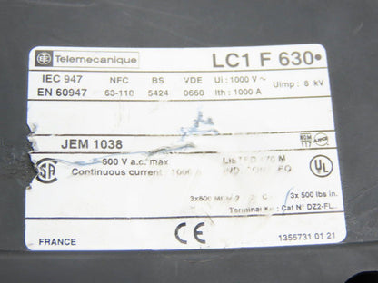 Telemecanique LC1F6302 Mechanical Contactor 600V 1000A Continuous Current 2 Pole