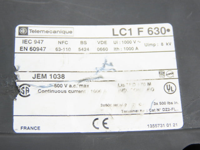 Telemecanique LC1F6302 Mechanical Contactor 600V 1000A Continuous Current 2 Pole