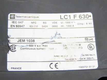Telemecanique LC1F6302 Mechanical Contactor 600V 1000A Continuous Current 2 Pole