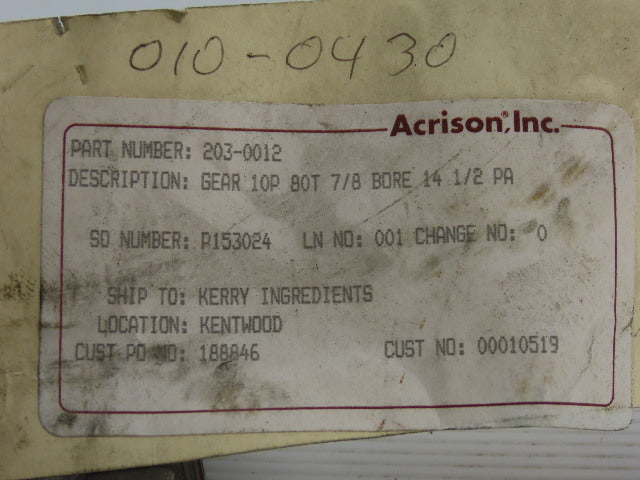 Acrison 203-0012 Gear 10P 80T 7/8" Bore 14 1/2PA 8-1/8" OD