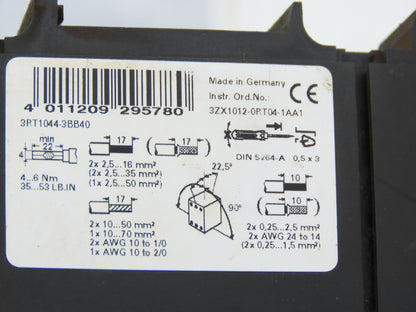 Siemens 3RT1044-3BB40 3P 65A Power Contactor W/3RH1921-2FA22 Coil 24V
