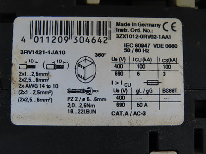 Siemens 3RV1421-1JA10 Circuit Breaker W/Adapter Plug 8US1 051-5DJ07 Assy.