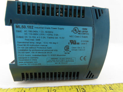 Puls ML50.102 Industrial Grade Power Supply AC/DC 100-240V 1.0A DIN Rail Mount
