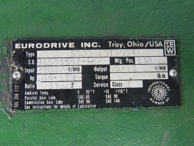 SEW-EURODRIVE Gearmotor W/Variable Speed Drive 37.17:1 Ratio 65-13RPM