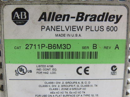 Allen Bradley 2711P-B6M3D/B Panel View Plus 600 24VDC 25W Back Piece is Broken