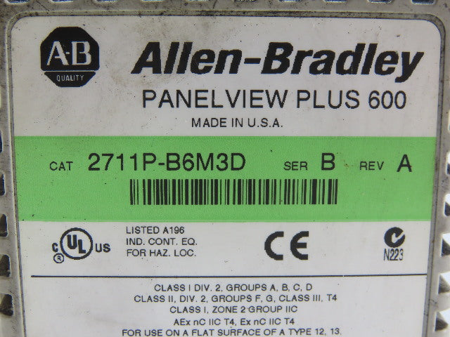 Allen Bradley 2711P-B6M3D/B Panel View Plus 600 24VDC 25W Back Piece is Broken