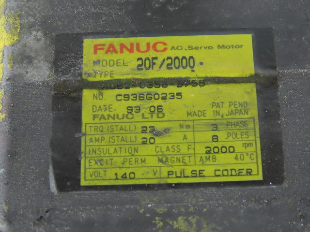 Fanuc A06B-0356-B755 20F/2000 2000RPM 140V AC Servo Motor