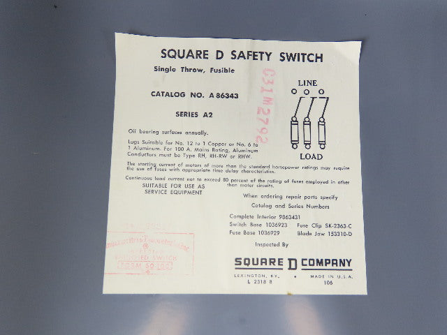 Square D  A86343 100A 600V Single Throw Disconnect Safety Switch Fusible