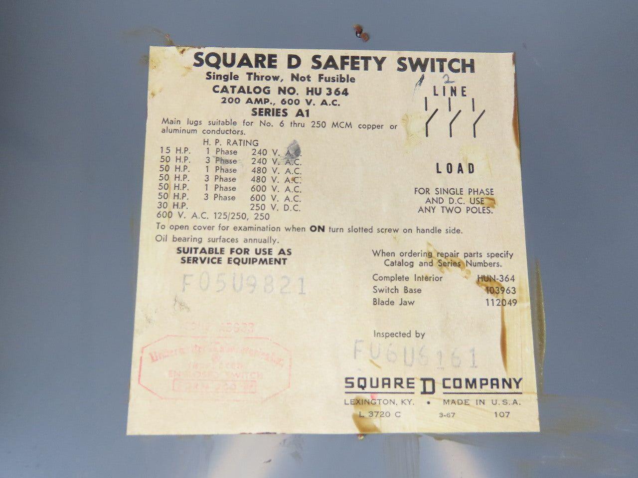 Square D HU364 200A 600V Single Throw Disconnect Safety Switch Disconnect