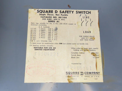 Square D HU364 200A 600V Single Throw Disconnect Safety Switch Disconnect