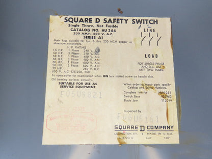 Square D HU364 200A 600V Single Throw Disconnect Safety Switch Disconnect