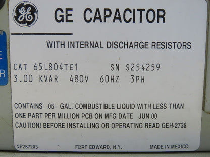 General Electric 65L804TE1 3KVR Capacitor 480V 60HZ 3Ph