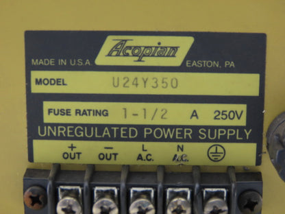Acopian U24Y350 Power Supply Fuse Rating 1-1/2A 250V