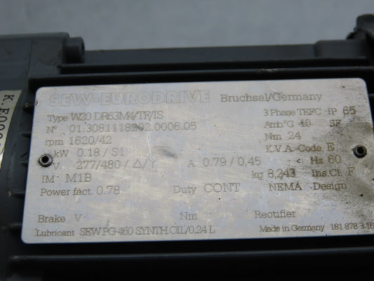 SEW-EURODRIVE W20DR63M4/TF/IS Gear Motor 277/480V 3Ph 1620/42rpm RH Output