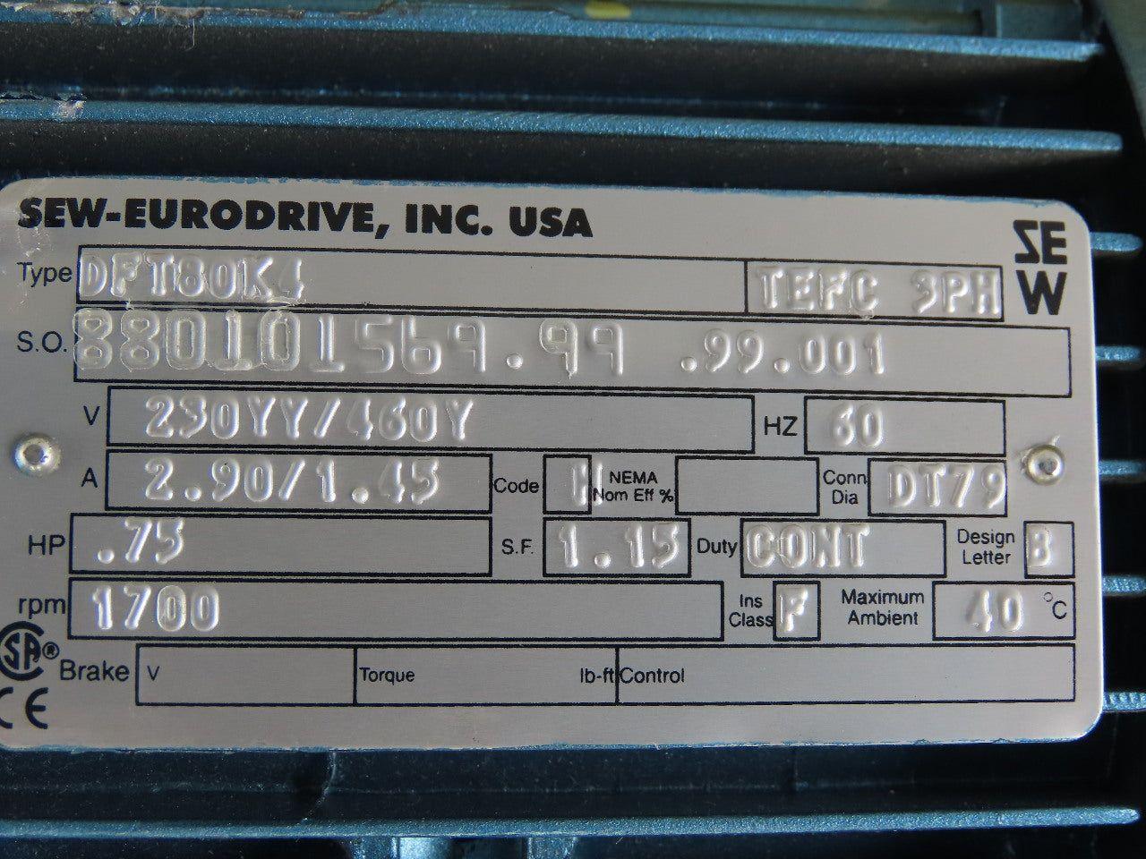 Sew DFT80K4 51.70:1 Ratio .75Hp 230/460V Parallel Gear Motor