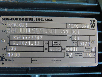 Sew DFT80K4 51.70:1 Ratio .75Hp 230/460V Parallel Gear Motor