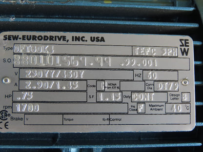 Sew DFT80K4 51.70:1 Ratio .75Hp 230/460V Parallel Gear Motor