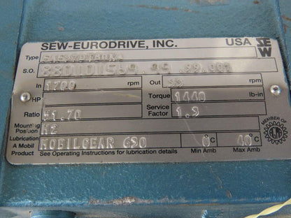 Sew DFT80K4 51.70:1 Ratio .75Hp 230/460V Parallel Gear Motor