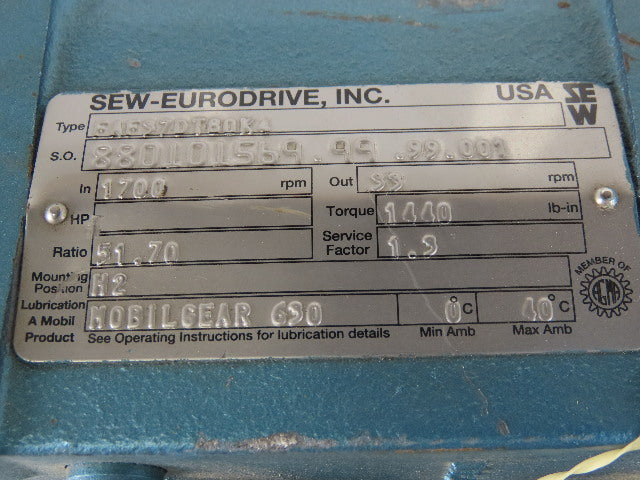 Sew DFT80K4 51.70:1 Ratio .75Hp 230/460V Parallel Gear Motor