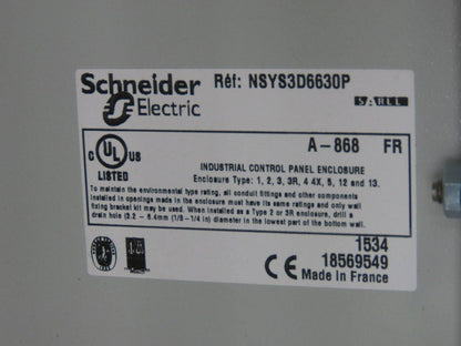 Schneider NSYS3D6630P 600mmx600mmx300mm Electrical Enclosure Hinged W/Back Plate