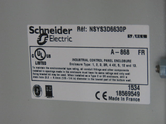 Schneider NSYS3D6630P 600mmx600mmx300mm Electrical Enclosure Hinged W/Back Plate