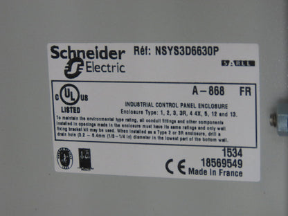 Schneider NSYS3D6630P 600mmx600mmx300mm Electrical Enclosure Hinged W/Back Plate