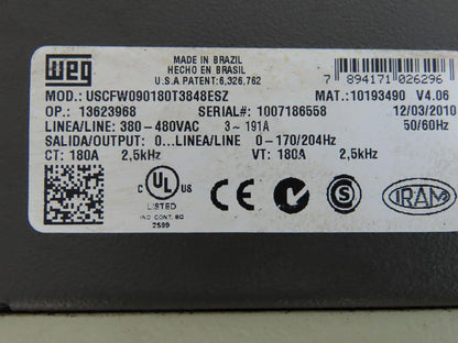 WEG USCFW090180T3848ESZ CFW 09 Adjustable Vecture Inverter Drive 380-480V 3-191A