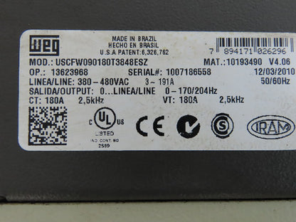WEG USCFW090180T3848ESZ CFW 09 Adjustable Vecture Inverter Drive 380-480V 3-191A