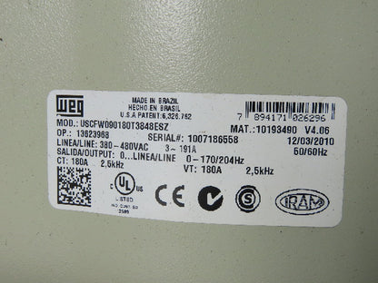 WEG USCFW090180T3848ESZ CFW 09 Adjustable Vecture Inverter Drive 380-480V 3-191A