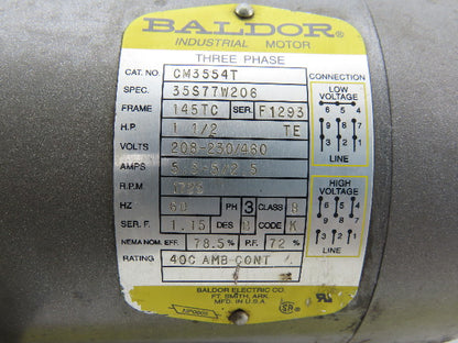 Baldor CM3554T 1/2Hp Gear Motor 208-230/460V 3Ph 10:1 Ratio 7/8" Shaft 174RPM