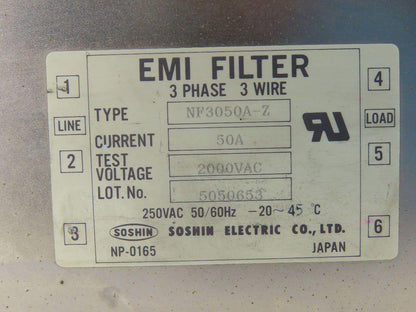 Soshin NF3050A-Z EMI Filter 3 Phase 3 Wire 50 A 250VAC 50/60Hz