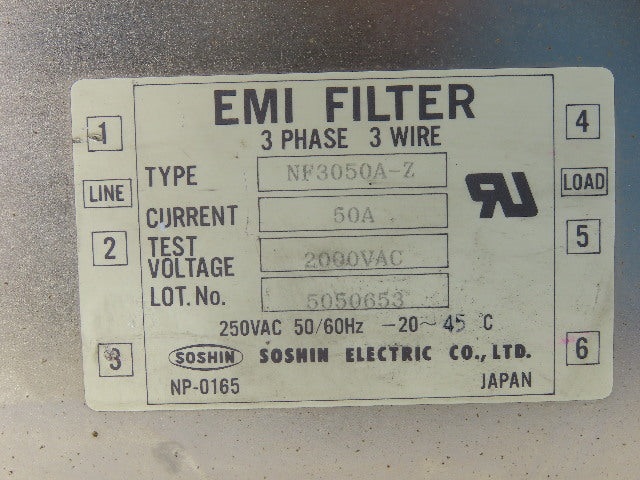 Soshin NF3050A-Z EMI Filter 3 Phase 3 Wire 50 A 250VAC 50/60Hz