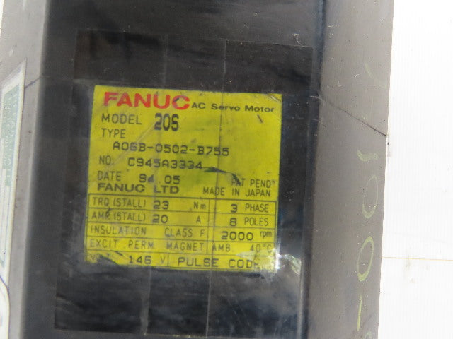 Fanuc A06B-0502-B755 Model 20S 2000 RPM 146V AC Servo Motor