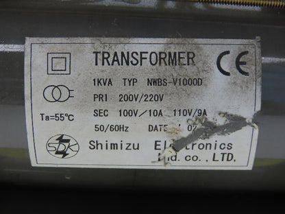 Shimizu NWBS-V1000D Transformer 1KVA 200/220HV 100/10A 110/9A LV 50/60Hz