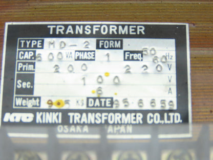 KTC Kinki Type MD-2 600VA Transformer 200/220V Pri 100V Sec 50/60HZ