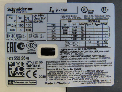Schneider Electric GV2-P16/9-14A 3 Pole Contactor Motor Starter 600V
