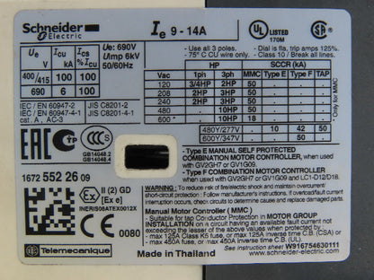 Schneider Electric GV2-P16/9-14A 3 Pole Contactor Motor Starter 600V