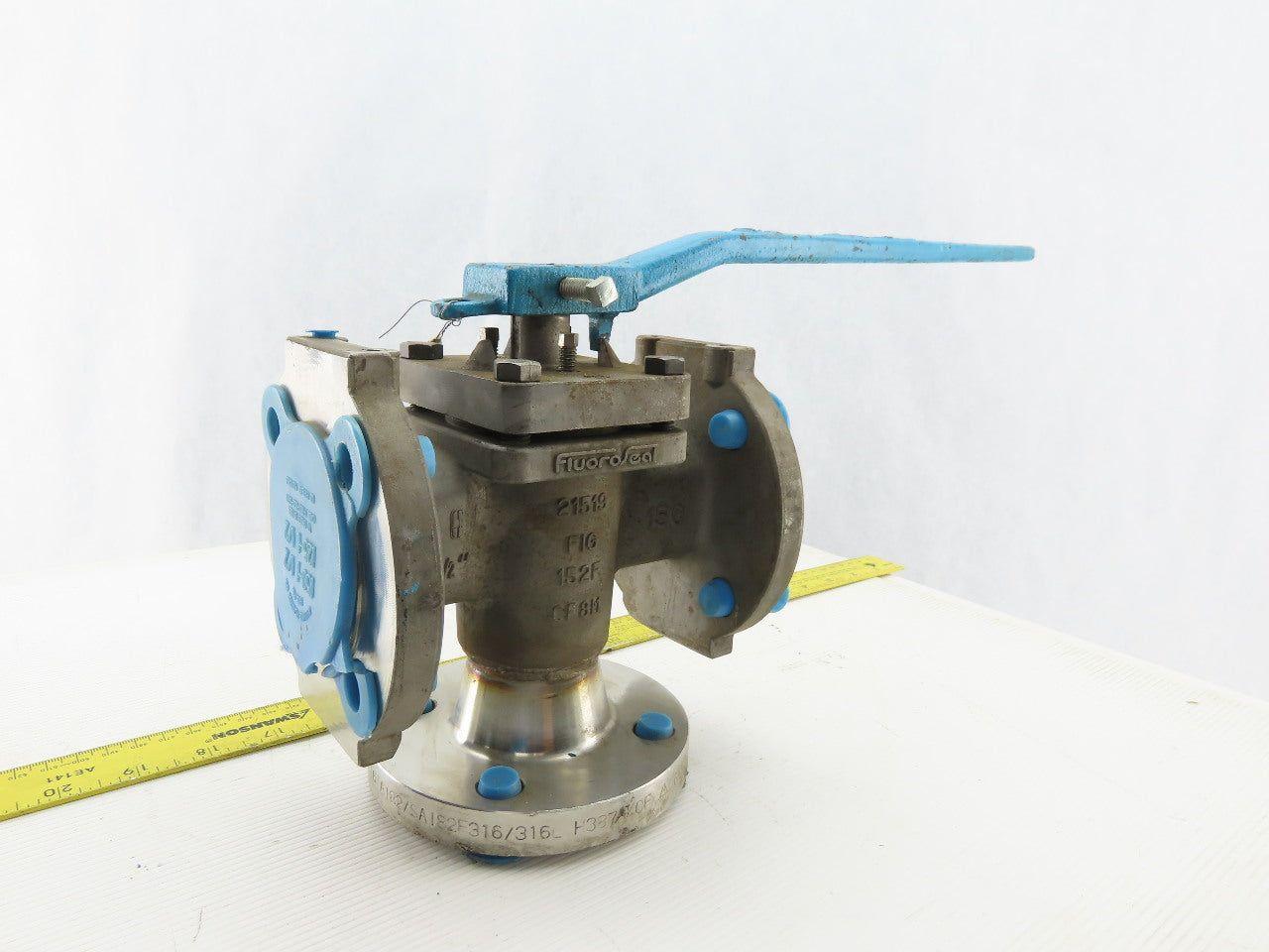 Fluroseal 1-1/2" Flange Class 150 Stainless Steel 3 Way Divert Ball Valve CF8M