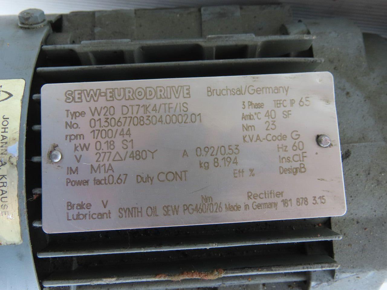 SEW-EURODRIVE W20 DT71K4/TF/IS 0.18KW Gear Motor 277/480V 3Ph 44RPM 20mm Shaft