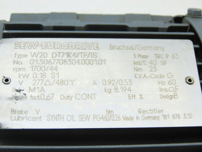 SEW-EURODRIVE W20 DT71K4/TF/IS 0.18KW Gear Motor 277/480V 3Ph 44RPM 20mm Shaft