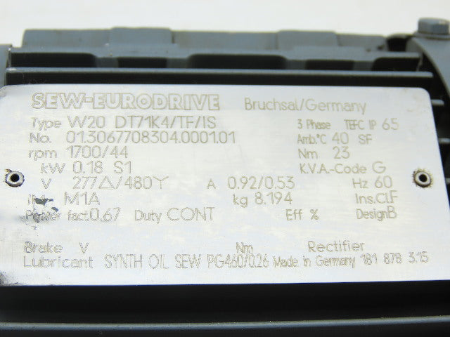 SEW-EURODRIVE W20 DT71K4/TF/IS 0.18KW Gear Motor 277/480V 3Ph 44RPM 20mm Shaft