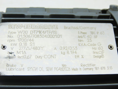 SEW-EURODRIVE W20 DT71K4/TF/IS 0.18KW Gear Motor 277/480V 3Ph 44RPM 20mm Shaft