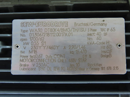 SEW-EURODRIVE WA30 DT80K4/BMG/TH/ISU 0.55KW Gear Motor 230/460V 3Ph 62RPM