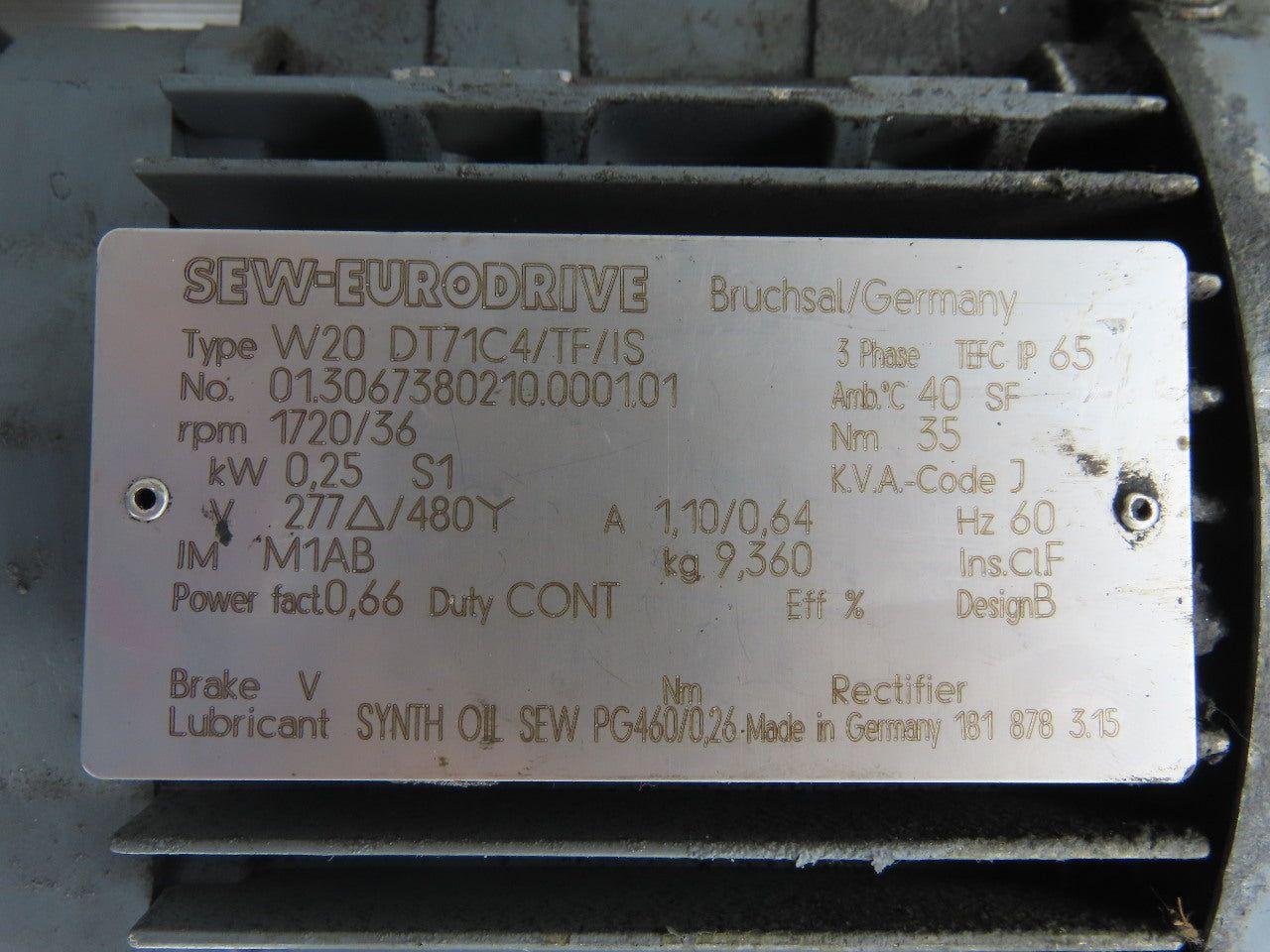 SEW-EURODRIVE W20 DT7IC4/TF/IS 0.25Kw Gear Motor 277/480V 3Ph 36RPM 20mm Shaft