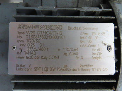 SEW-EURODRIVE W20 DT7IC4/TF/IS 0.25Kw Gear Motor 277/480V 3Ph 36RPM 20mm Shaft