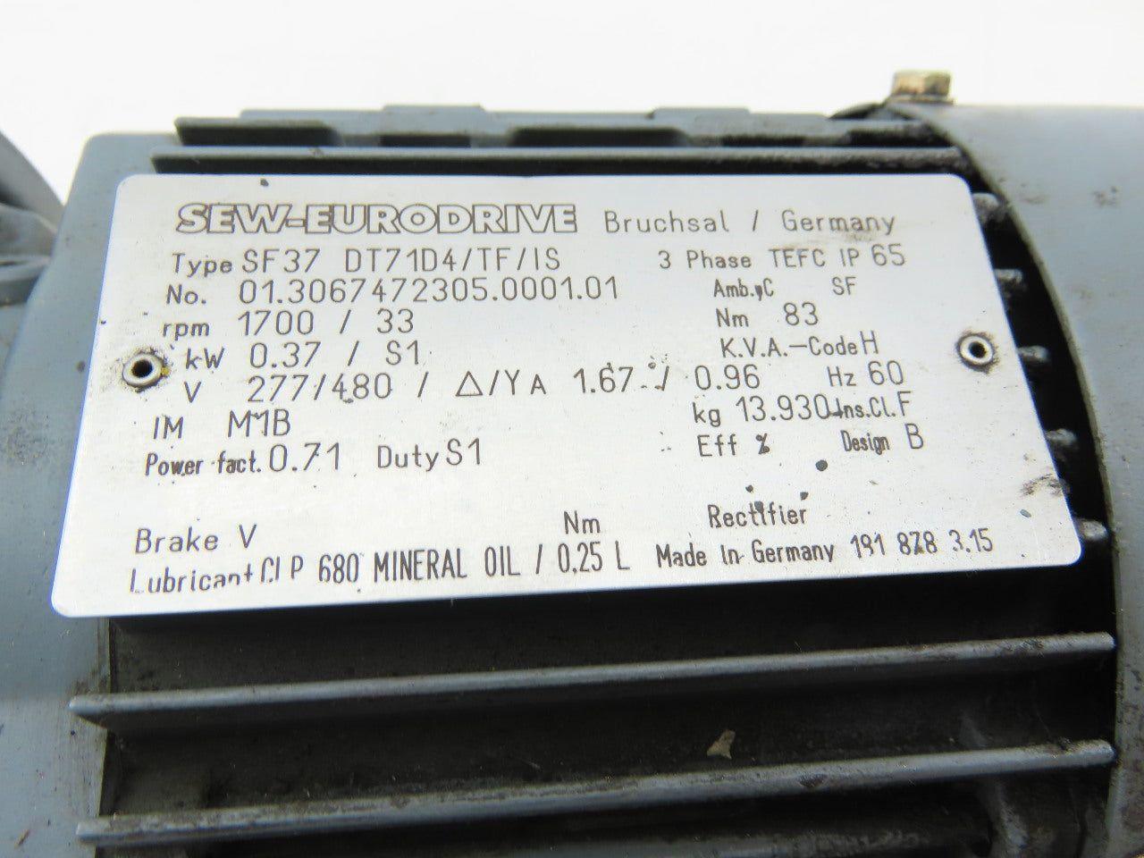 SEW-EURODRIVE SF37 DT71D4/FS/IS 0.27Kw Gear Motor 277/480V 3Ph 33RPM 20mm Shaft